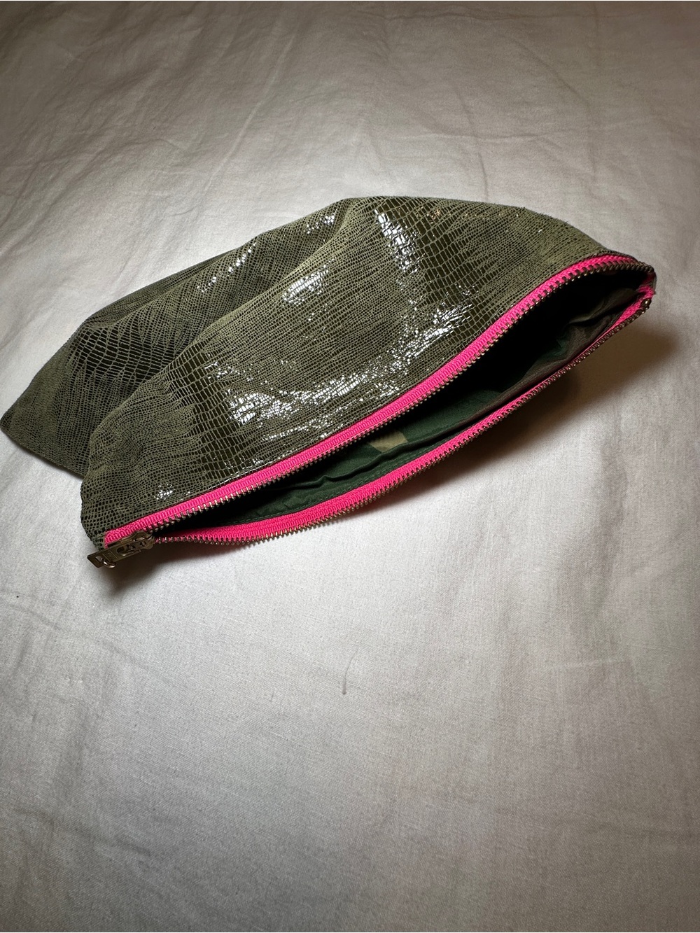 Olive Green Faux-Leather Cosmetic Pouch with Pink Zip